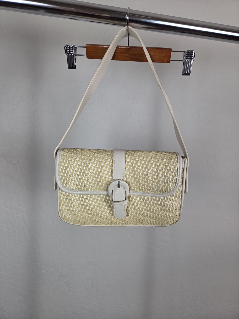Madison West Woven Straw Shoulder Bag with Cream Trim